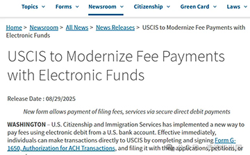 「美国移民」公民及移民服务局(USCIS)调整付款方式!